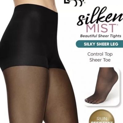Leggs Silken Mist Sheer Tights Control Top Silky Sheer Leg Q Jet Black Lot Of 2.